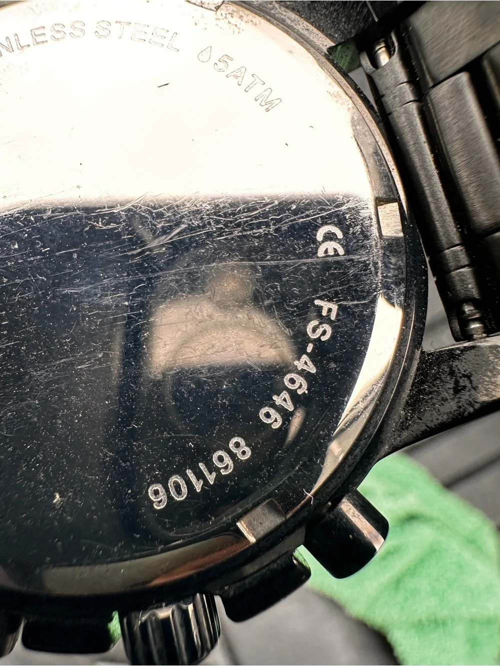 Fossil Black Stainless Steel Chronograph Watch with Silver Caseback
